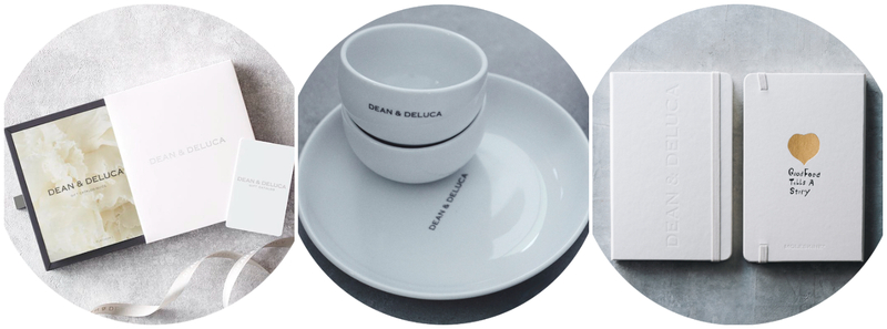 (左)「ギフトカタログプラチナ カードタイプ」/(中)「プレート&ボウルセット ホワイト」/(右)「オリジナル モレスキンノートブック」