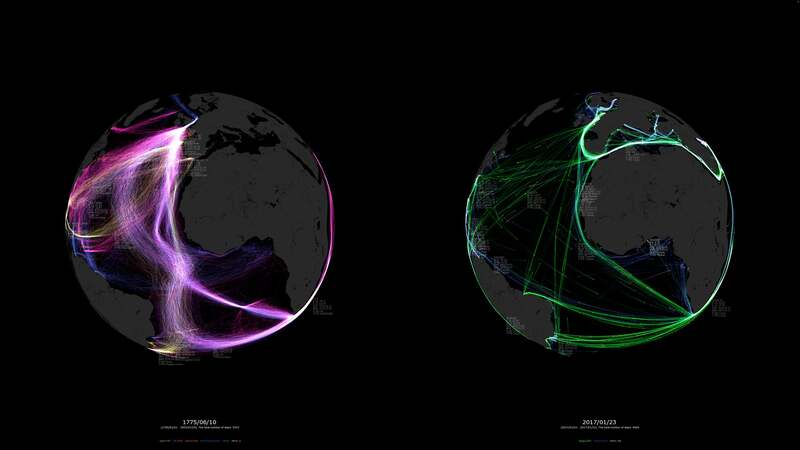 《Visualization of the world’s vessel routes in the 18th and 21st centuries》慶應義塾大学SFC脇田玲研究室(菊田 有祐・山辺 真幸・脇田 玲)