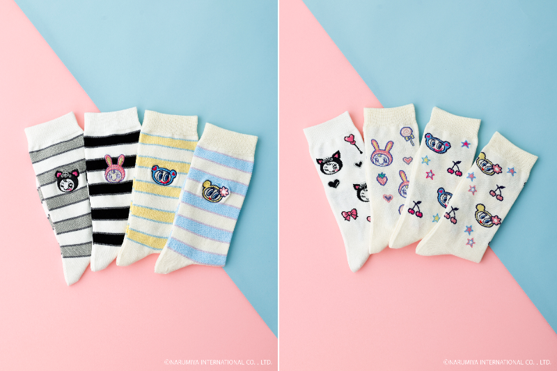 「ナルミヤキャラクターズボーダー刺繍ミディ丈ソックス」「ナルミヤキャラクターズ総柄ソックス」