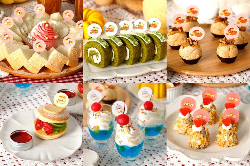 しろくまの塩シフォンケーキ、ぺんぎん?の抹茶ロールケーキ、とんかつのマロンブッセ、えびふらいのしっぽのカヌレ、とかげのミニパフェ、ねこのパンケーキ
