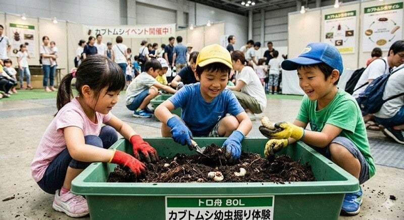 腐葉土の中からカブトムシの幼虫を探す幼虫掘り出し体験