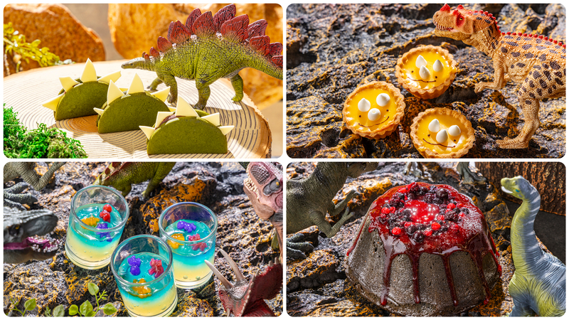 「ステゴサウルス クッキーサンド」や、涼しげな「オアシスゼリー」、まるで噴火寸前の「火山ケーキ」など、恐竜モチーフのスイーツが満載!