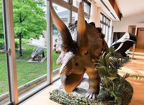 館内外で出会える大迫力の恐竜たち(手前:トリケラトプス)