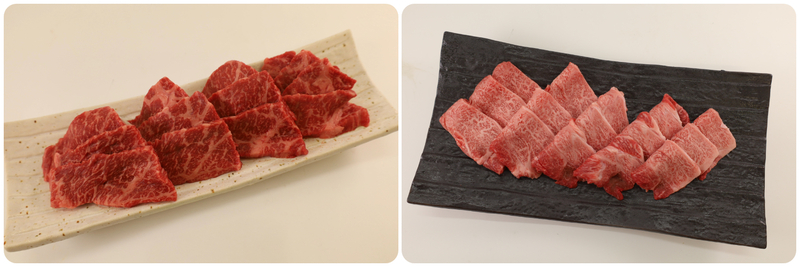 (左)国産黒毛和牛 和牛手切り焼肉用、(右)国産黒毛和牛 和牛炙り焼肉用