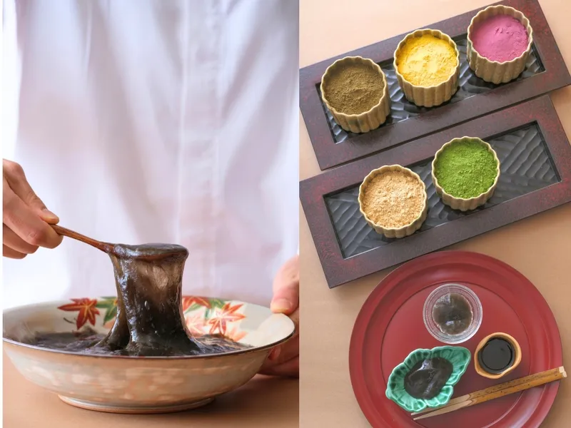 「わらび餅」は、紅芋、南瓜、ほうじ茶、抹茶、きな粉の5種類から好みの粉をまとわせ、仕上げには、たっぷりの黒蜜も