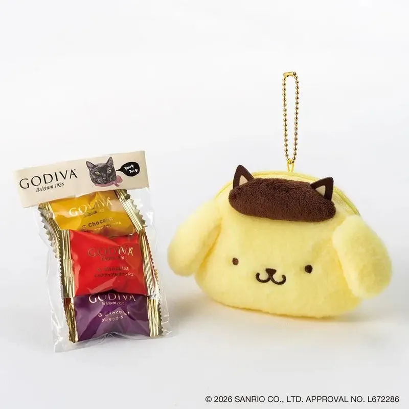 ゴディバ「ゴディバ ブラックキャット コレクション G クリスピーショコラ アソートメント 3粒入+ポムポムプリン ぬいぐるみチャーム オンラインショップ限定」