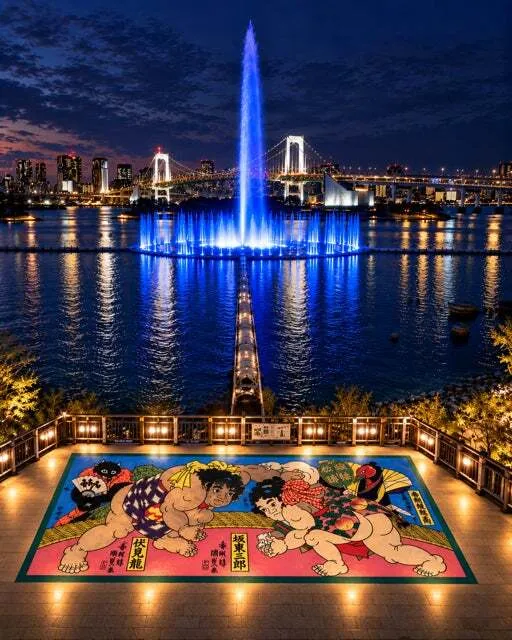 夜景と噴水、花絵が一体となった幻想的な風景