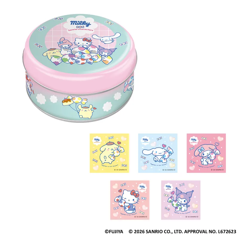 「ミルキー缶(サンリオデザイン)」ミルキー9粒、ステッカー1枚入り(全5種ランダム)880円
