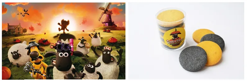 右)『映画 ひつじのショーン かぼちゃ畑の怪物!』メインビジュアル、左)秋色かぼちゃ&黒ごまクッキー イメージ/秋色かぼちゃ&黒ごまクッキー 756円(税込)