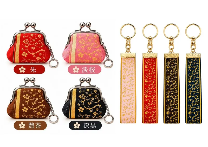 畳縁ミニがま口バッグ、チャーム(はなあかりデザイン)各2,500円(サイズ:約H3×W4cm、チャーム・約17cm)