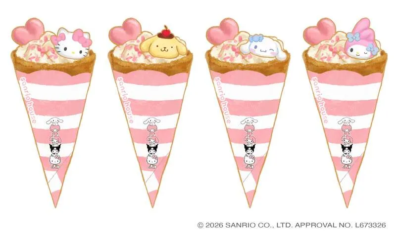 ハローキティ・ポムポムプリン・シナモロール・マイメロディをモチーフにしたクレープやソフトクリーム、ミニパフェ