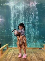 浦島太郎の衣装でウミガメと記念撮影