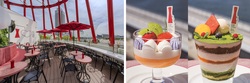 〈中央〉神戸の海をイメージしたサジーとヨーグルトのムース 715円　〈右〉神戸の山をイメージした抹茶ティラミス 1,320円