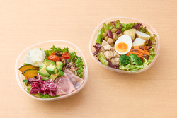 大人向けのケールとアボカドの彩りサラダ(左)とチキンとたまごのパワーサラダ(右)