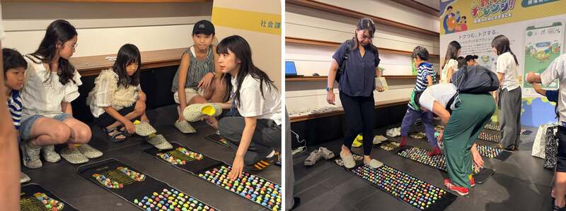 踏み抜き防止ルームシューズで足つぼシートの上を歩いてみよう