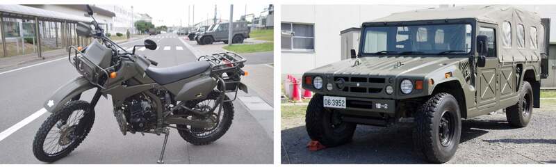 左：偵察用オートバイ　右：高機動車