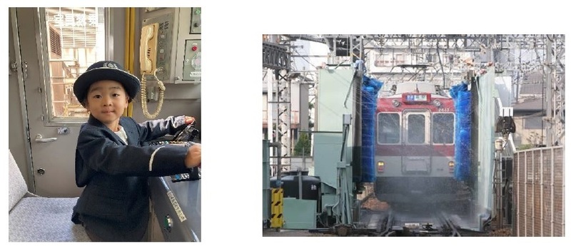 五位堂会場で行われる車両なりきり体験（左）、洗車体験（右）
