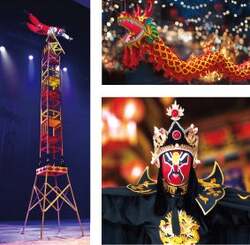 張海輪雑技団（左から）椅子倒立芸、龍舞、変面