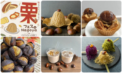 栗フェス in Nagoya／（左上）ファミリーやカップル、お一人様でも楽しめる♪／（中上）高級和栗を使用した、絹糸モンブランソフト／（右上）丹波栗の渋皮煮が1つぶドーンと乗った、丹波栗パイ／（左下）栗本来の甘みとほくほくとした食感を楽しめる丹波栗／（中下）天津甘栗を使用した栗のシェイク！／（右下）見た目も可愛い！！ミニ団子