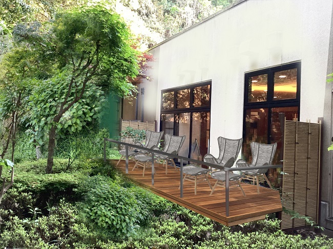 春夏秋冬をテーマにした4種の「岩盤浴」（有料）では、外気浴を楽しめる専用テラスが設置されています（イメージ）