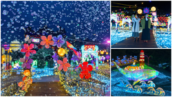 （左）「バブルファンタジーショー」、（右上）「ウォークオンザイルミ」、（右下）横15mの巨大なクジラが今年も出現「ダイヤモンドのクジラ」