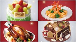 （左上）新宿高野「マスクメロン Noel」、（左下）鶏三和「三和の純鶏名古屋コーチン　丸焼き/桃焼き」、（右上）柿安ダイニング「大海老マヨ〜オマールソース」、（右下）アンテノール「サンタのお菓子の家」