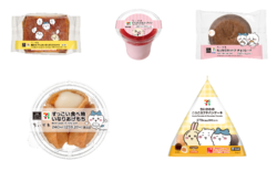 （上段左から）「跳ねる！でっかいざくざくカステラ」「いちごミルクプリン」「もっちりホットク チョコレート」／（下段左から）「すっごい食べ物 いなりあげもち」「ちいかわのころころプチパンケーキ」