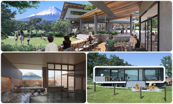 （上）おおみかテラス（仮称）、（左下）温泉施設、（右下）愛犬と泊まれる客室　※すべてイメージ