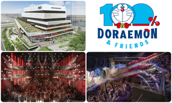 （左上）外観、（右上）「100%ドラえもん&フレンズ in 東京」ロゴ、（左下）EX THEATER ARIAKE、（右下）SGC HALL ARIAKE　※イメージ