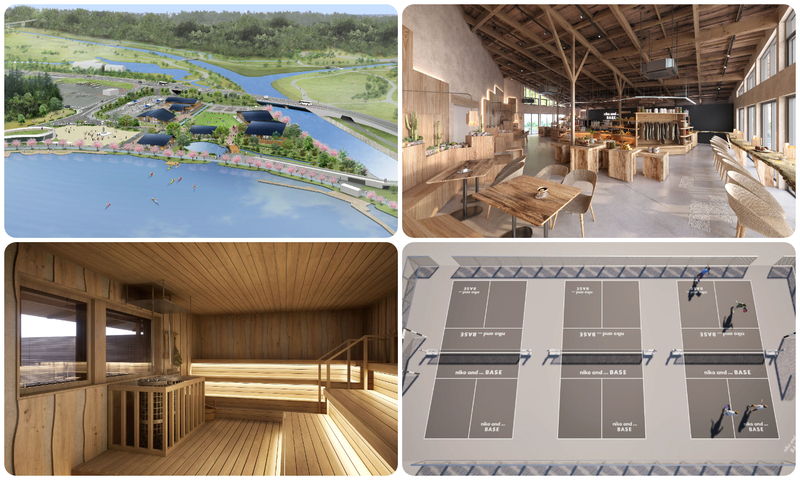 （左上）公園施設全体、（右上）niko and ... COFFEE、（左下）サウナ、（右下）多目的コート　※すべてイメージ