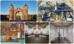 （左上）旧奈良監獄 表門、（右上）上空写真、（左下）オリジナルカレーパンとご当地ソーダ、（中）中央看守所、（右下）B棟　※イメージ