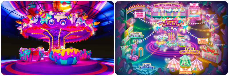 （左）Choppy’s Mel-Tea Cup Ride、（右）店内エリアマップ