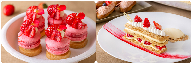 （左）マカロンラズベリー、（右）スペシャルアシェットデセール ミルフィーユ
