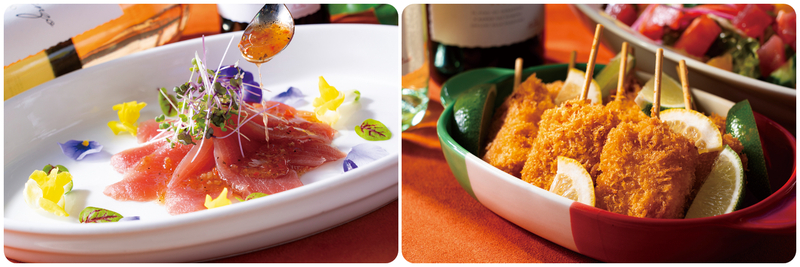 （左）マグロのカルパッチョ、（右）トンノ フリット（マグロカツ）
