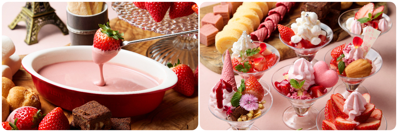 （左）あまおういちごミルクやルビーチョコレートフォンデュ、（右）いちごを主役に自分だけのパルフェを仕立てる「ストロベリーパルフェ工房」