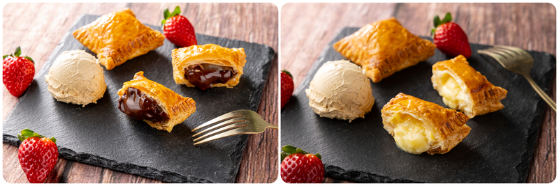 （左）2月ランチ限定の「ミルクチョコレートパイ＆キャラメルアイス」、（右）3月ランチ限定の「ホワイトチョコレートパイ＆キャラメルアイス」