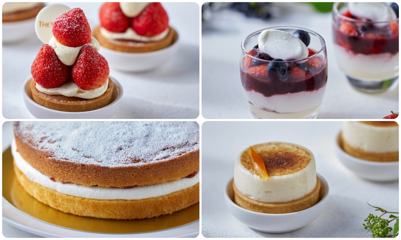 （左上）苺のタルト、（右上）苺とアサイーのヨーグルトフルール、（左下）ビクトリアケーキ、（右下）苺とオレンジのタルトシブースト