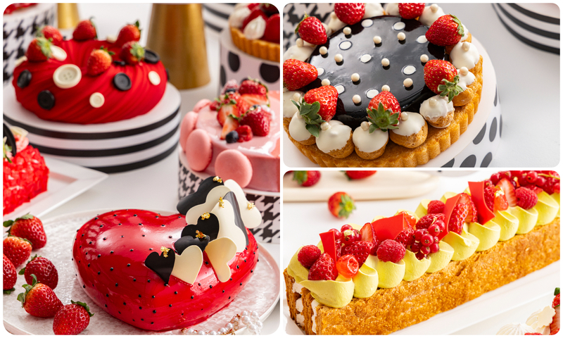 （左）ファッション要素を取り入れたスイーツが満載！　（右上）サングラスちゃんへ捧げるタルト、（右下）ベリーベリークラッチ