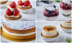 （左上）苺のタルト、（右上）苺とアサイーのヨーグルトフルール、（左下）ビクトリアケーキ、（右下）苺とオレンジのタルトシブースト