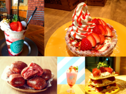 写真上左：&Swell ［コーヒー＆自家製天然バラ酵母パン］ イチゴパフェ 800円/写真上右：Pie Holic［パイ専門店］ ベリーラヴリーパイ 1,296円/写真下右：KAKAAKO DINING & CAFE／KAMEHAMEHA BAKERY ［ハワイアンダイニング＆カフェ］ ストロベリードーナツ 216円/写真下中：COMMUNITY MILL/SODA BAR ［自家製フルーツソーダ］ ベリーベリークリームソーダフロート 810円/写真下右：ミゲルフアニ［パエリア専門店］ イチゴのミルフィーユ 1,058円
