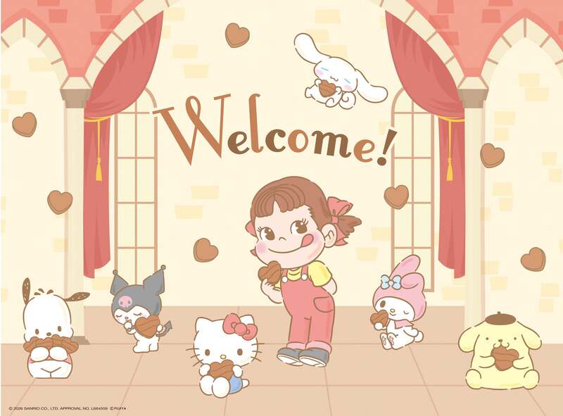 ペコちゃん×サンリオキャラクターズ描き下ろし新デザインのパネル