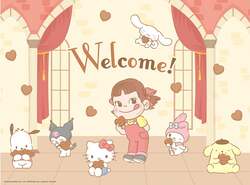 ペコちゃん×サンリオキャラクターズ描き下ろし新デザインのパネル