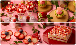 （左上）ストロベリーチョコレートパフェ、（右上）ストロベリードームケーキ、（左下）チョコレートタルトフレーズ、（右下）ストロベリーショートケーキ