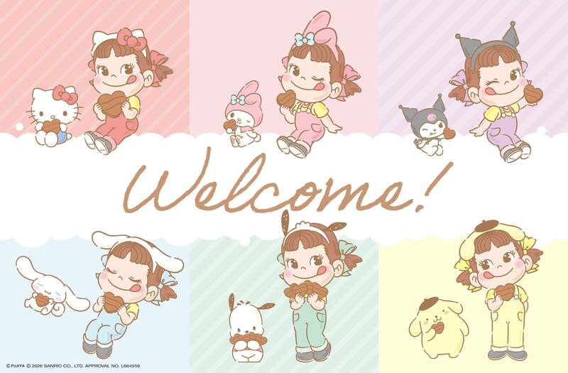 ペコちゃん×サンリオキャラクターズ描き下ろし新デザインのパネル