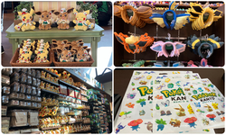 （左上）「ポケパーク カントー」限定のぬいぐるみ／（右上）遊ぶのがもっと楽しくなりそうなカチューシャ／（左下）限定グッズが盛りだくさん！／（右下）ショッピングバッグ（20円〜）