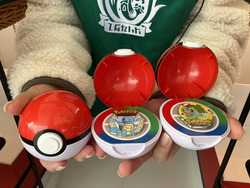 ワゴンで販売されているモンスターボール。ピンバッジの種類はカントー地方にいるポケモン約150種からランダムであたります！