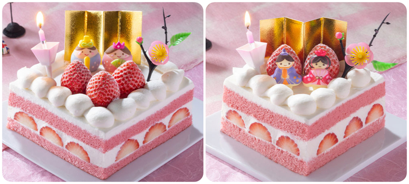 （左）「ひなまつり 苺のデコレーションケーキ」（3〜4名分）／（右）「ひなまつり 苺のデコレーションケーキ」（2〜3名分）