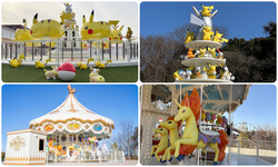 （左上）「ピカピカパラダイス」、（右上）30匹を超えるでんきタイプのポケモンたちとライド！、（左下）「ブイブイヴォヤージュ」、（右下）回転木馬にちなみ、ポニータやギャロップの乗り物もあります