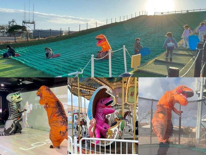ティラノスーツ姿で園内のアトラクションに乗れる！
