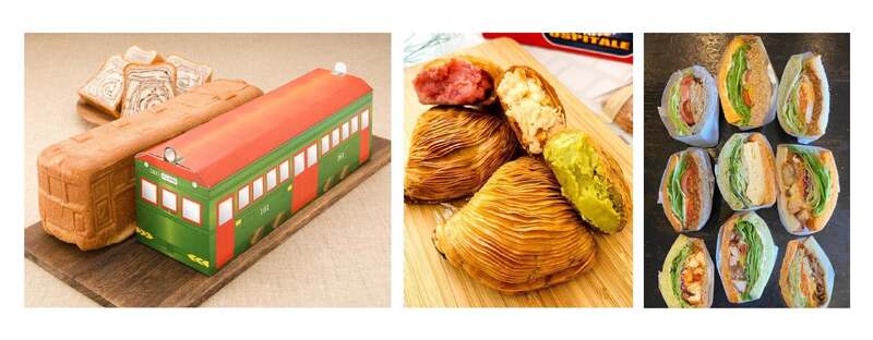 （写真左）堺ちん電パン「朝日製パン／堺市」、（写真中）スフォリアテッラ「オスピターレ／福岡県」、（写真右）サンドイッチ「ブーランジェリー餡1999／川西市」